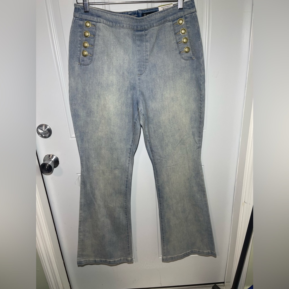 INC International Concepts Light Wash Flared Jeans with Gold Buttons
